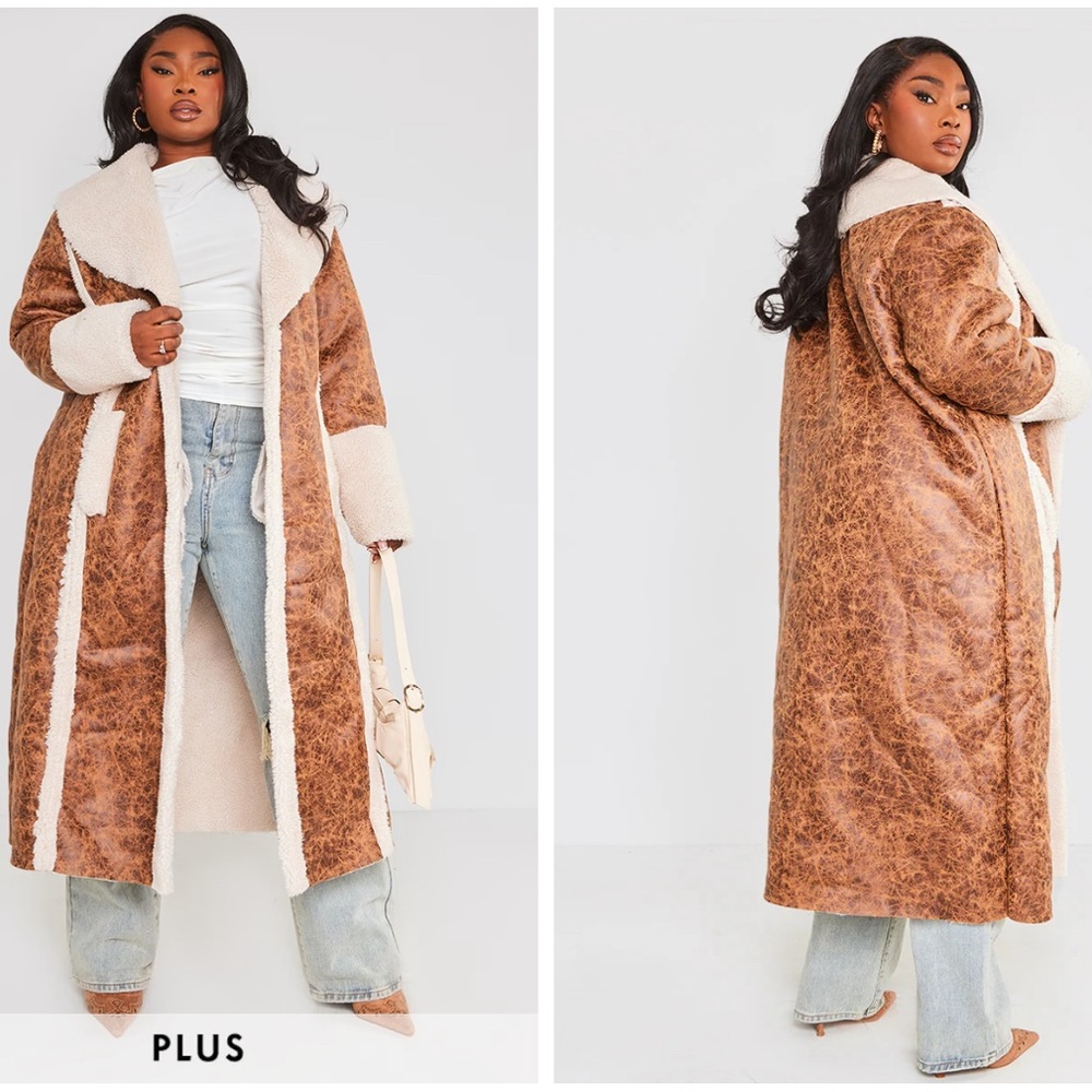 Plus size leather borg trim coat